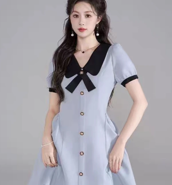 （80-200斤）高级感法式蓝色娃娃领连衣裙夏小香风甜美减龄裙子1843