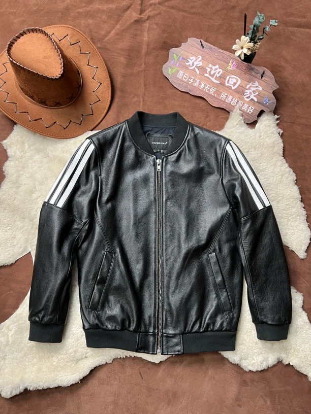 真皮头层牛皮休闲潮流春秋百搭男款棒球服