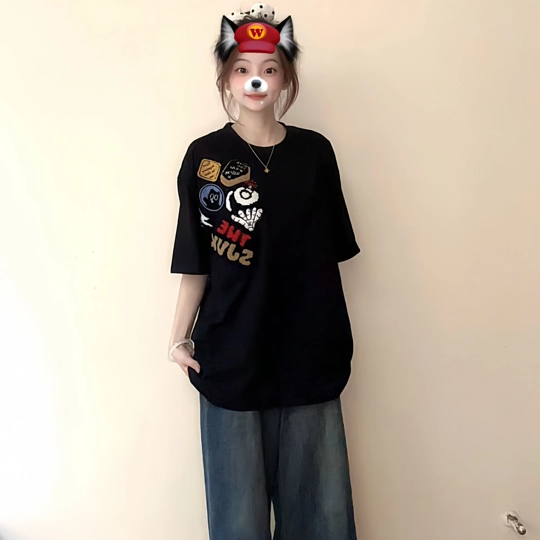 【帝韵】新款夏季重磅刺绣纯棉短袖T恤洋气衣服女宽松圆领半袖上衣