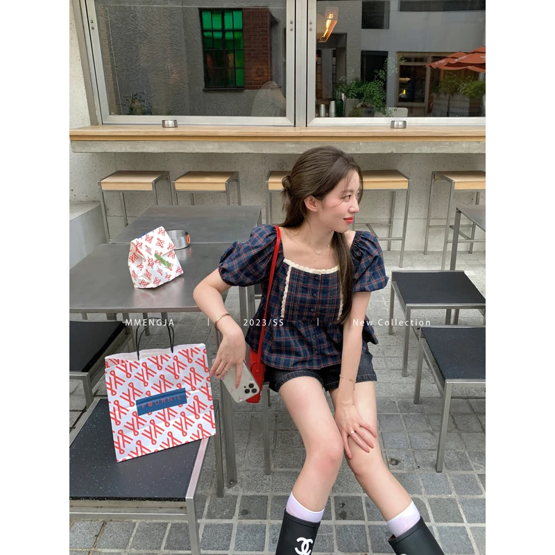 萌萌Ja 月亮上的鹿 撞色小格纹方领短袖衬衫气质泡泡袖女上衣夏季