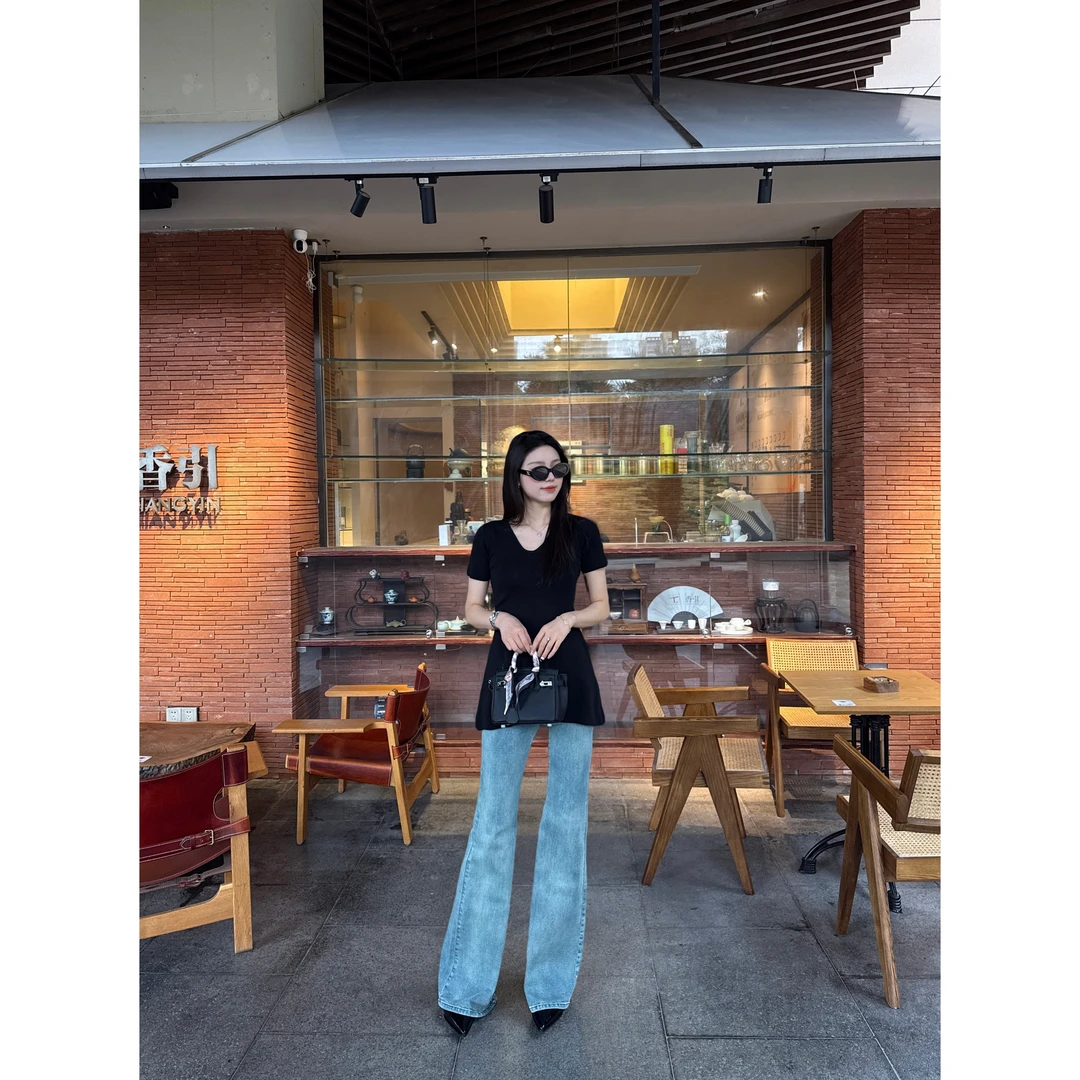 48H【刚需短袖】加长v领收腰显瘦开叉设计感针织短袖上衣 SU105