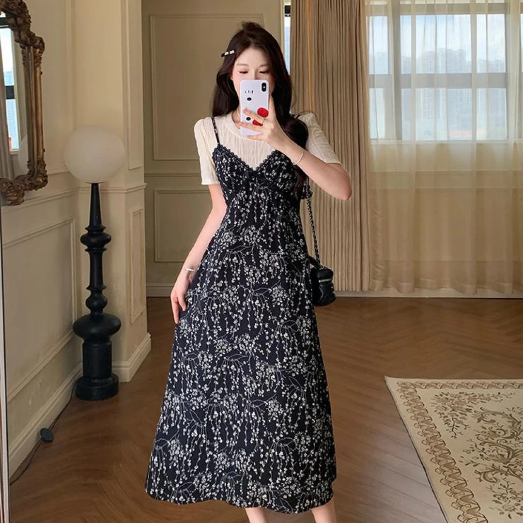 2025夏装新款蕾丝拼接碎花显瘦遮肉长短款大码连衣裙22522长款