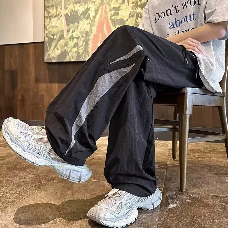 夏季超薄速干冰丝裤男户外机能运动阔腿裤港风潮牌撞色直筒休闲裤