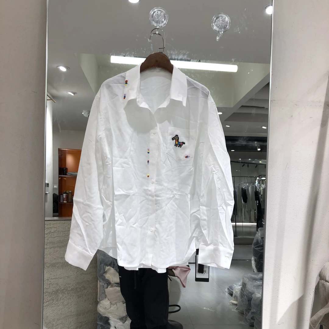 BarBie2025春季新款翻领刺绣白色衬衣时尚休闲百搭简约衬衣0605