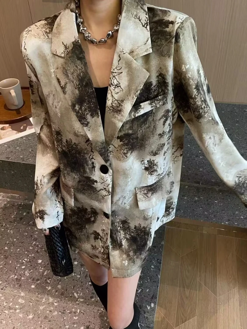 高级感水墨西装领衬衫女2025春季新款宽松洋气复古上衣薄款外套女