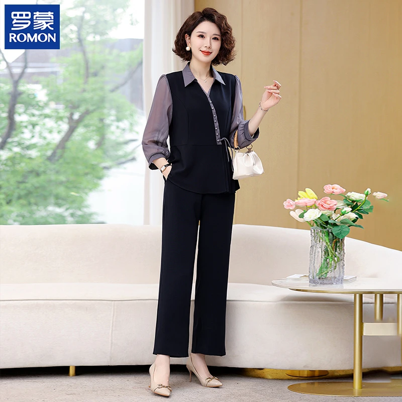 罗蒙时尚气质妈妈新款套装中年秋季七分袖上衣中老年女春秋两件套