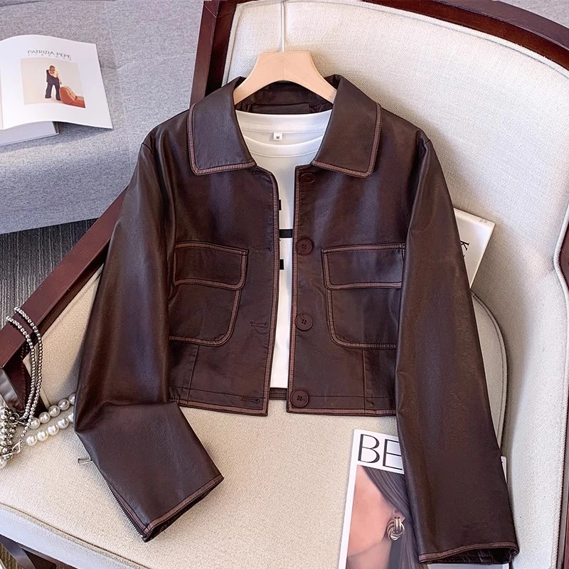 2025安哥拉红皮衣外套女新款时尚百搭机车服复古短款翻领pu皮夹克