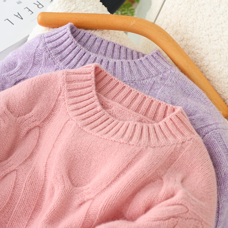 女宝毛衣男童100%纯羊毛衫洋气立体扭花加厚大童宽松打底针织衫潮