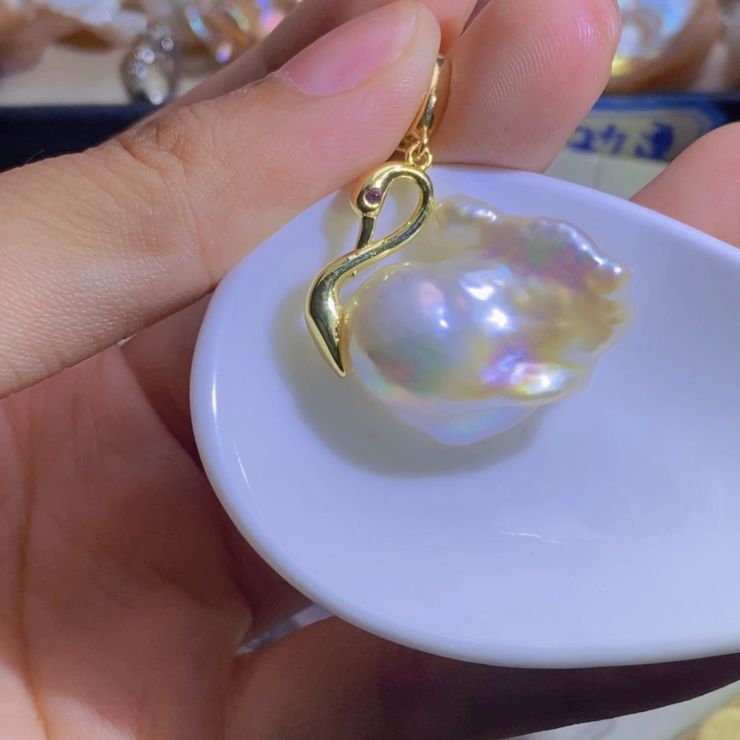 银S925镶嵌淡水珍珠天然珍珠无染色，无优化