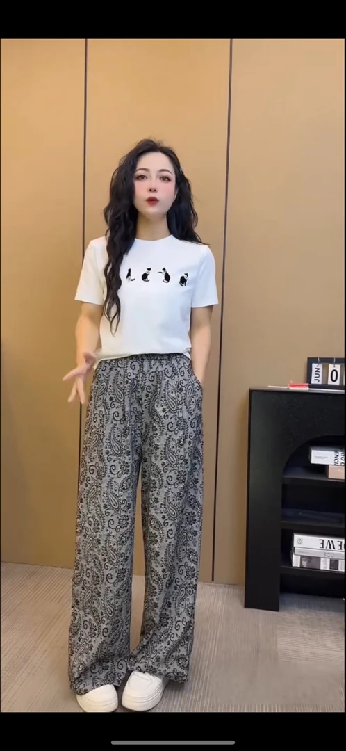 通勤休闲风极简风时尚宽松夏季碎花针织休闲裤