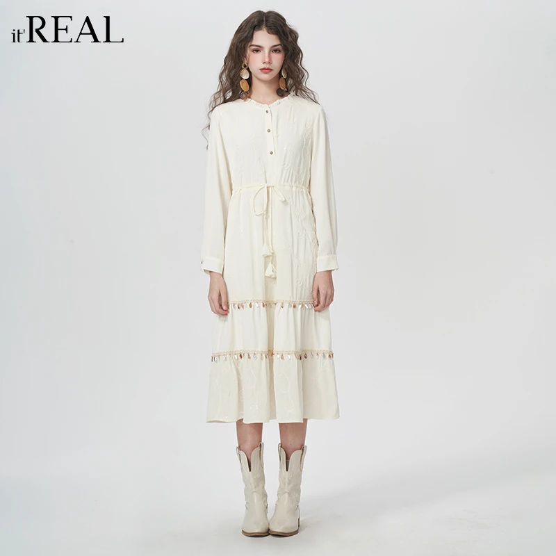 It'real瑞尔女装2025春季新款小香风白色长款连衣裙9751540002