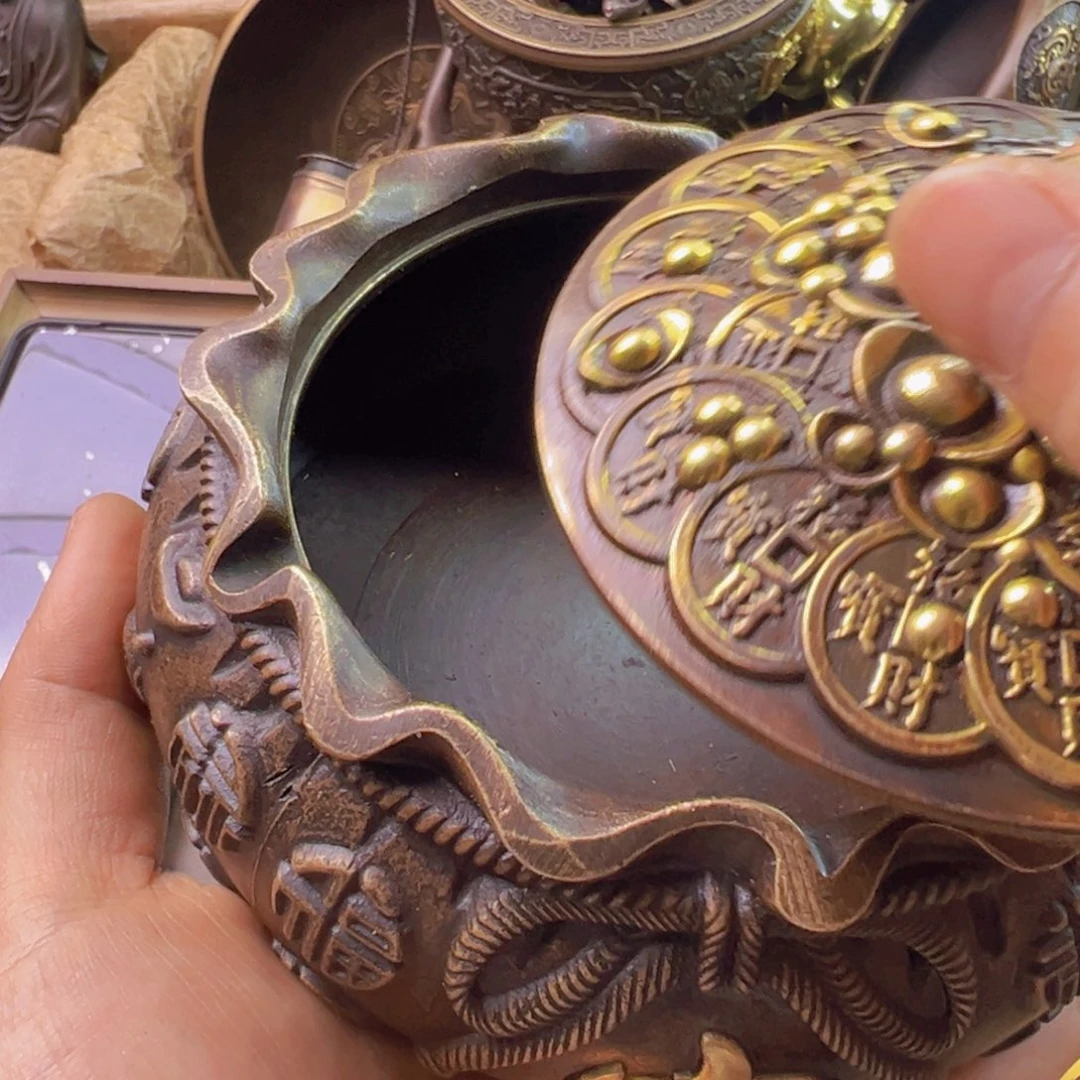 原矿风磨铜带盖烟灰缸