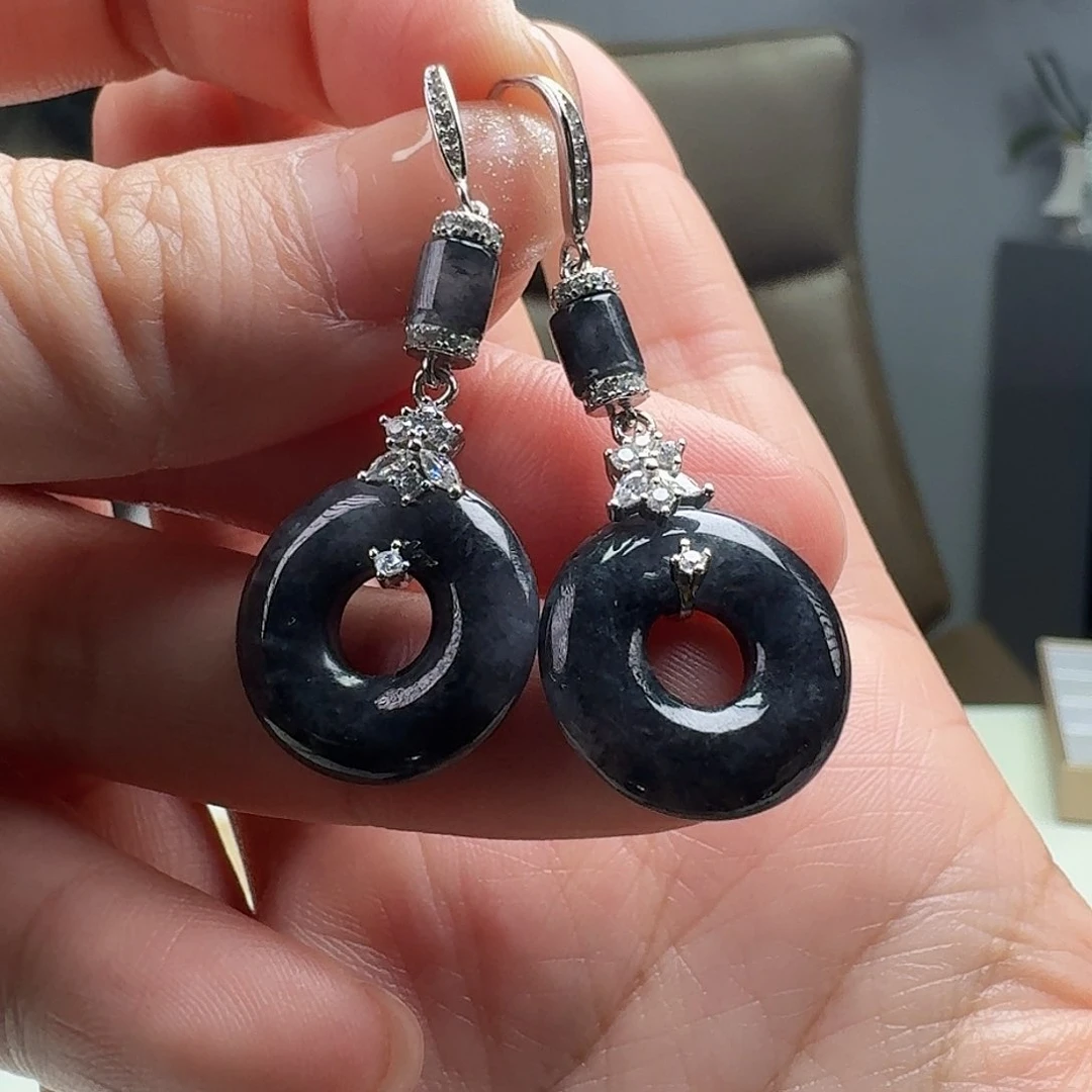 翡翠耳饰银S925镶嵌天然