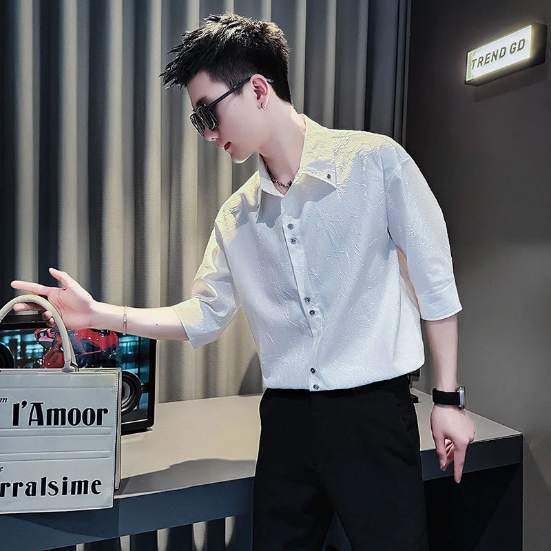 男士短袖衬衫夏季2025新款肌理提花男生上衣痞帅男装休闲衬衣薄款