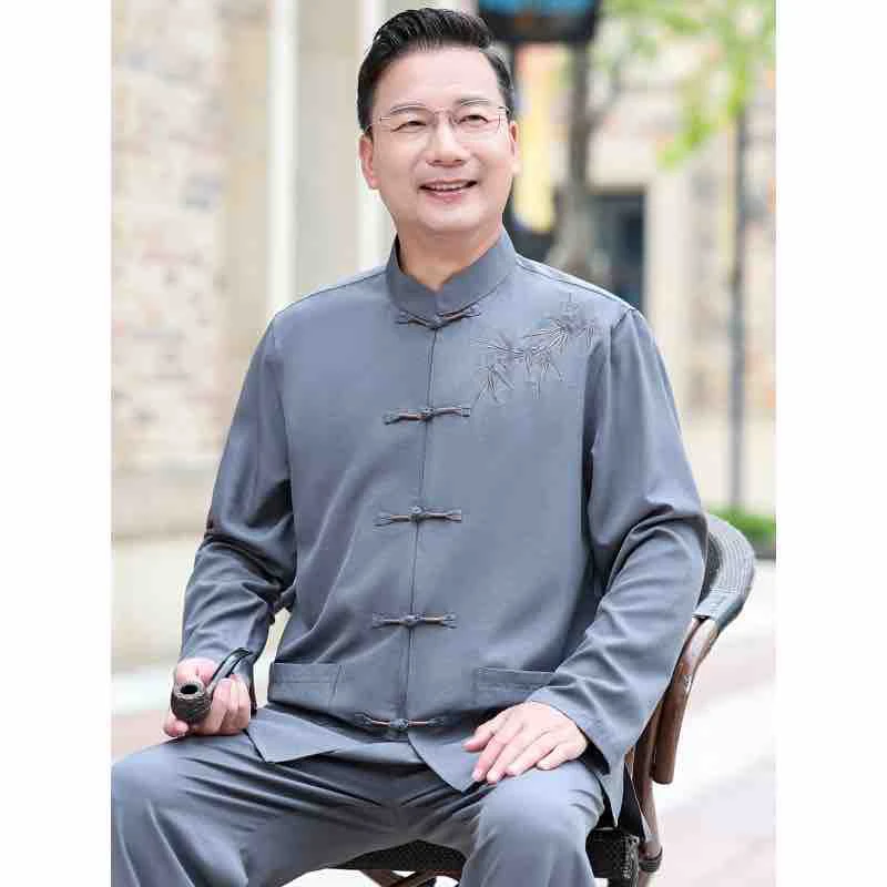 老年人唐装男长袖中老年爸爸冰丝套装中国风爷爷夏秋装晨练太极服