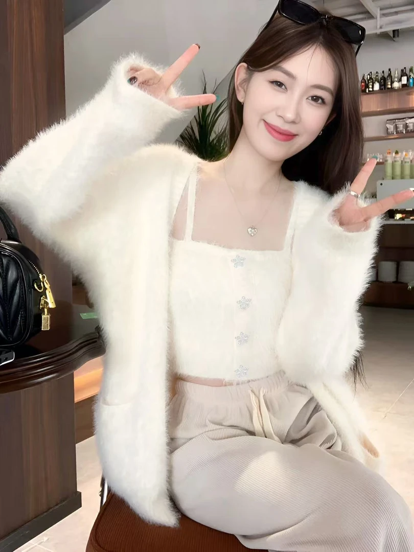 软乎乎仿水貂绒毛衣女春秋美式复古辣妹小众吊带背心潮
