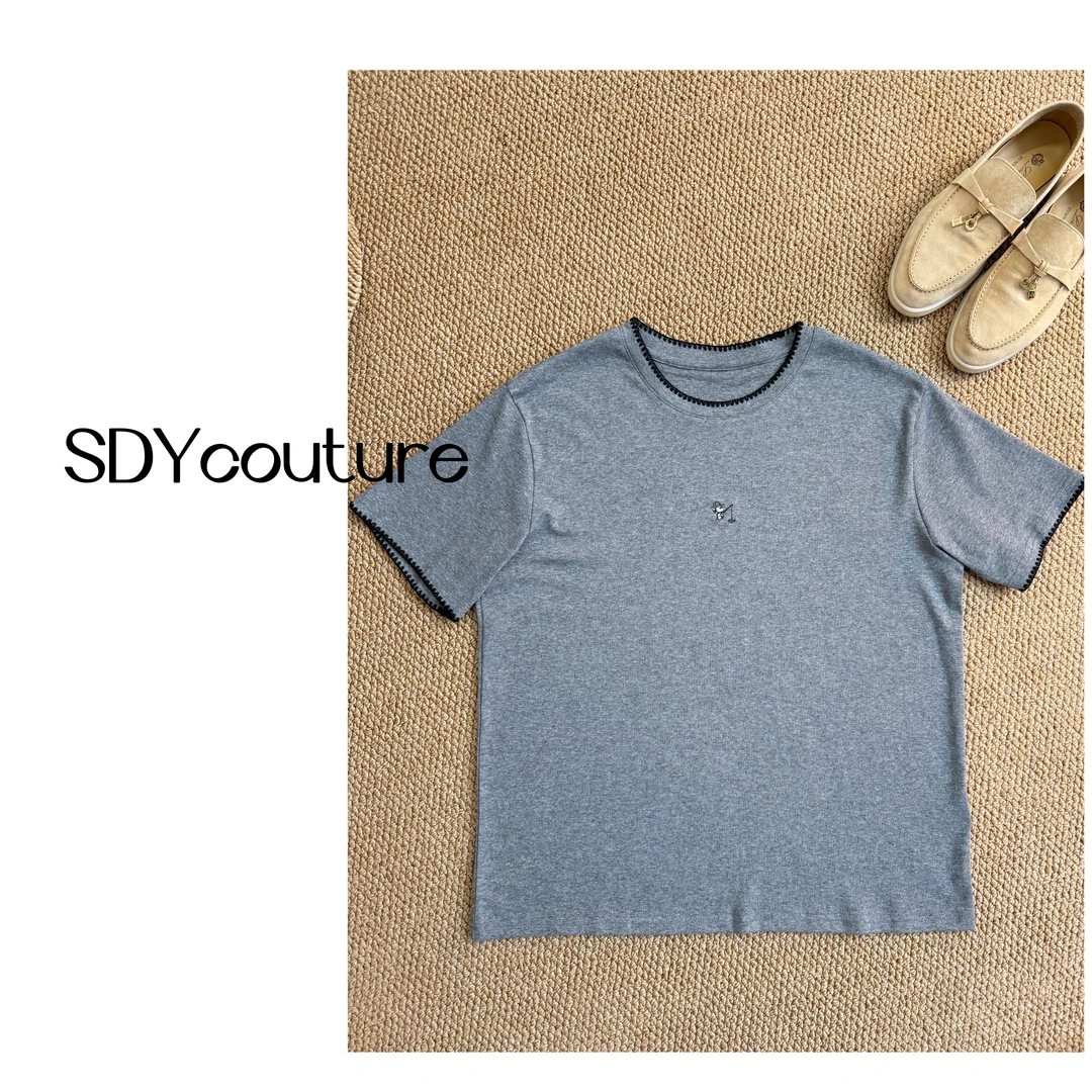 SDY/新款2025拼色小花边棉T恤