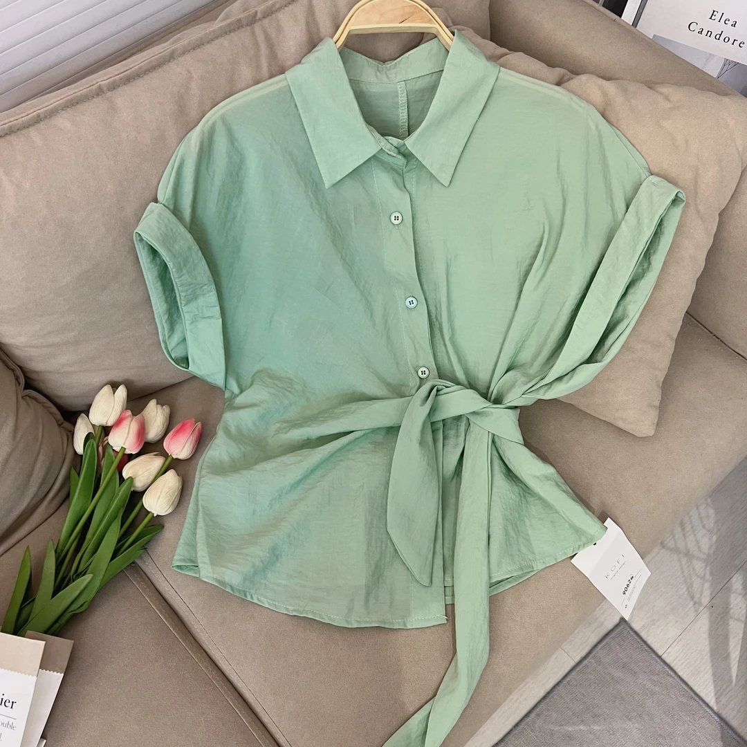 绑带衬衣设计感系带收腰打结衬衫女夏季韩系短袖洋气小衫上衣