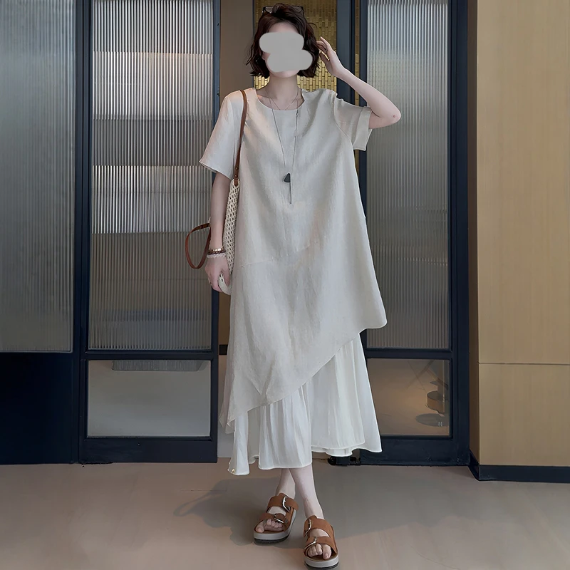 法式简约高级感休闲气质连衣裙女夏季假两件宽松拼接洋气百搭长裙