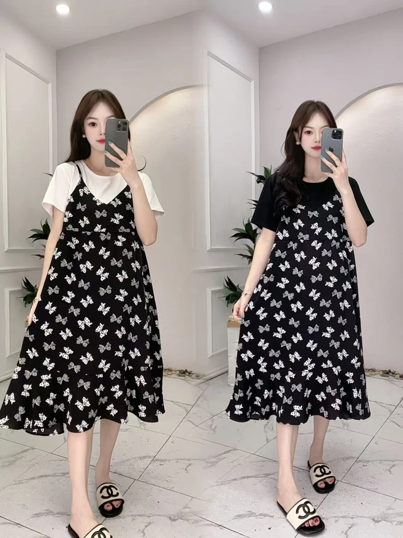 孕妇装2025夏季新碎花吊带假两件显瘦百搭气质显瘦宽松孕妇连衣裙