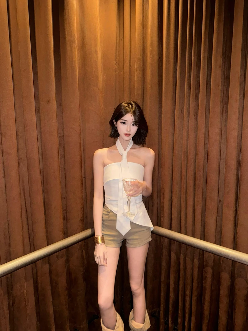 2025夏季新款气质飘带挂脖抹胸背心夏韩系收腰短款外穿上衣+短裤