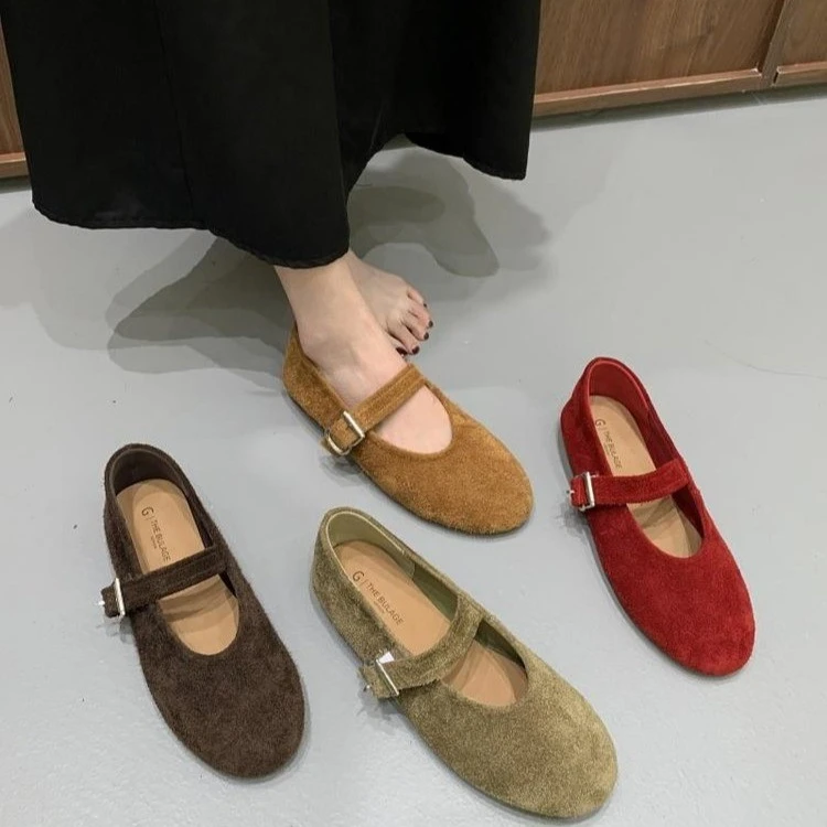 法式圆头浅口绒面芭蕾舞单鞋女2025秋季一字带玛丽珍平底晚晚瓢鞋