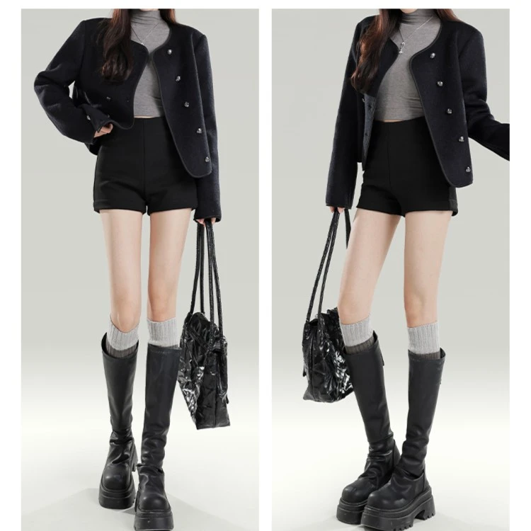 百搭黑色加绒短裤女高腰设计感西装秋冬小个子显瘦高级感a字热裤