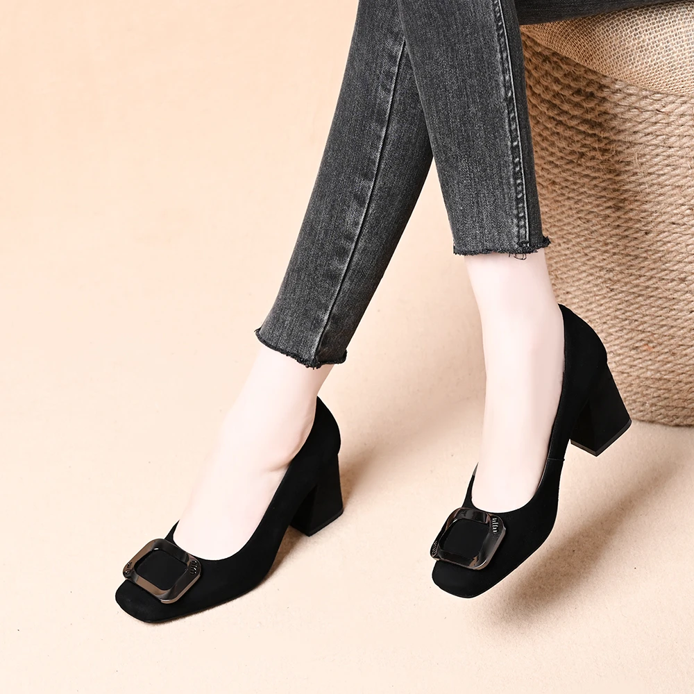 真皮羊皮法式金属扣单鞋女2025夏季新款气质方头浅口高跟鞋不累脚