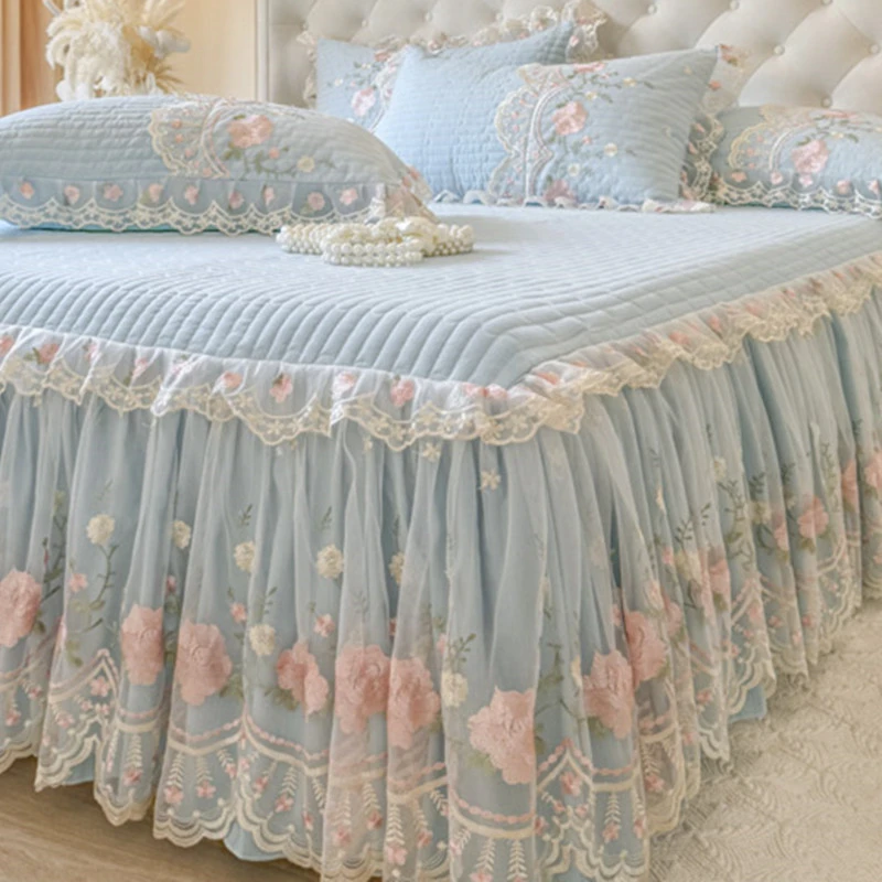 刺绣花边公主风蕾丝夹棉床裙防滑床罩纯色仙女风床盖双人四季通用