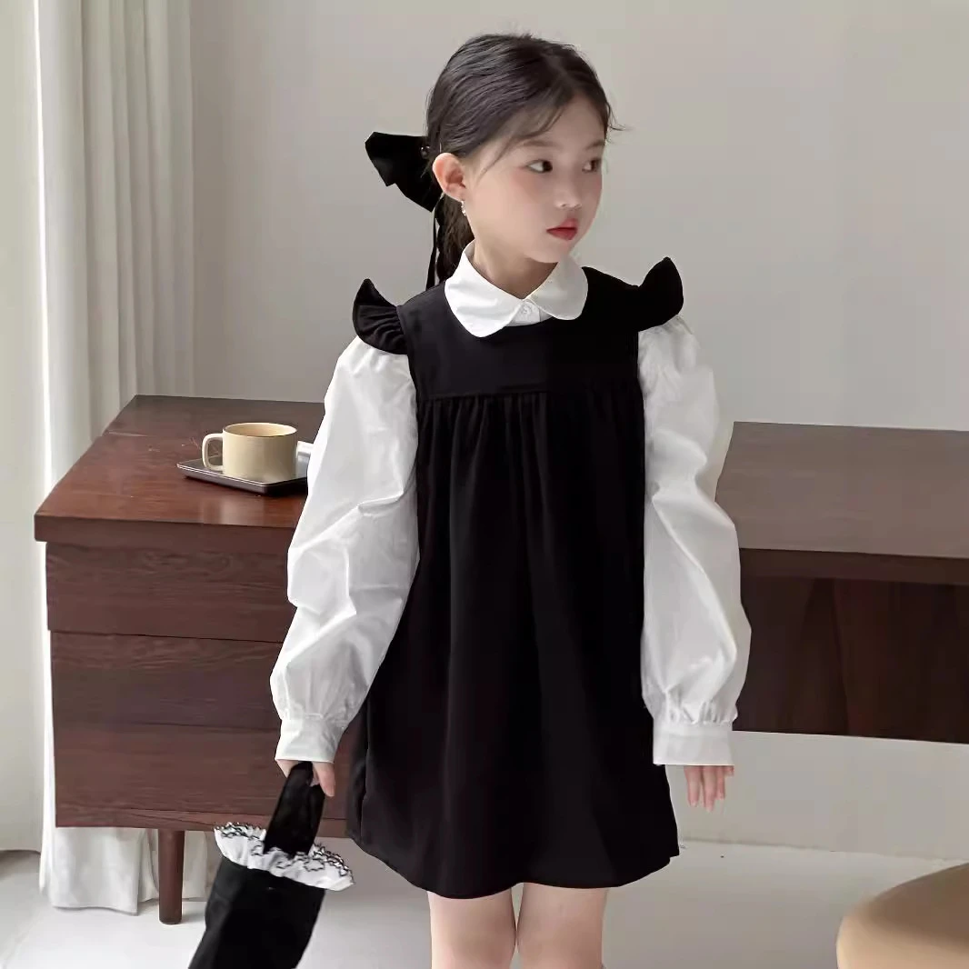 春季款女童学院风衬衫飞袖连衣裙套装女宝背心裙两件套77328