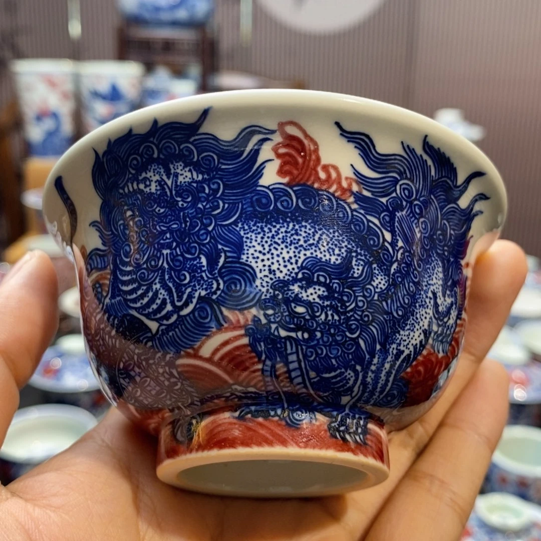 狮子滚绣球压手杯原矿手绘