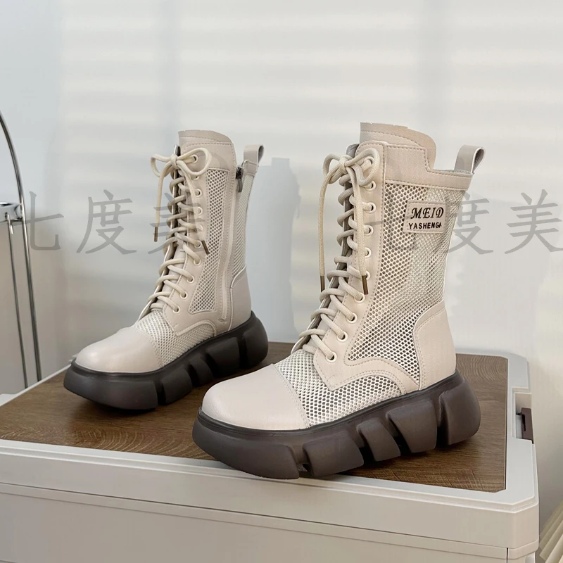 中筒靴夏季靴子长筒靴女2025年新款网纱薄款透气马丁靴镂空白色