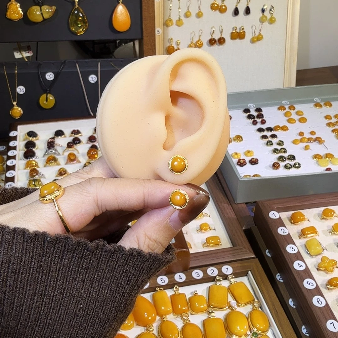 蜜蜡银S925镀金镶嵌耳饰f蜜蜡耳钉