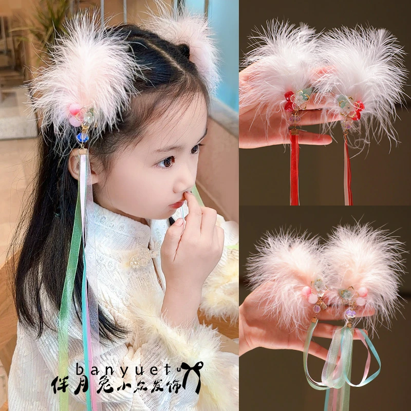 休闲风女公主风2025中国风发饰儿童头饰小众女童发夹毛绒
