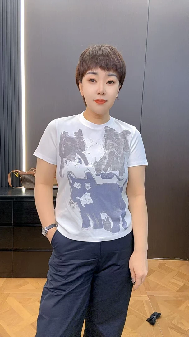 康家衣橱新款小众设计感休闲百搭猫咪水墨画短袖体恤1021
