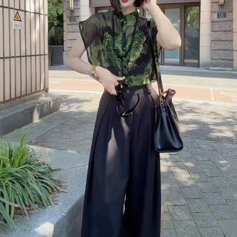 大爱美依缘2025夏季新款法式轻奢复古印花衬衫高腰阔腿裤潮