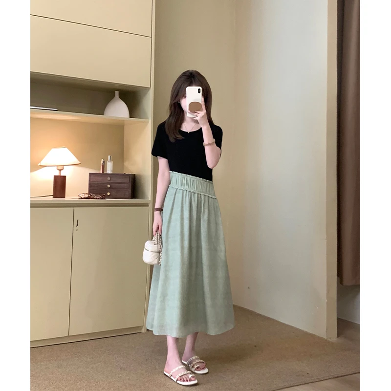 FUGUI RICH小个子拼接连衣裙短袖夏季新款出游女法式氛围感中长裙