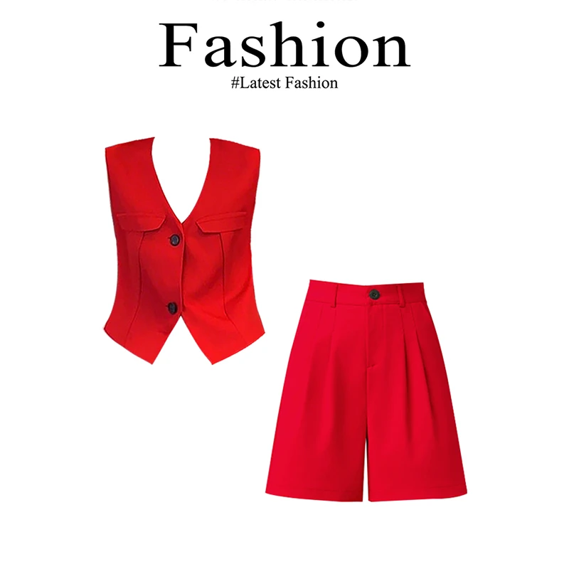 2025夏季新款一整套穿搭气质高级感时尚通勤风红色马甲短裤套装女
