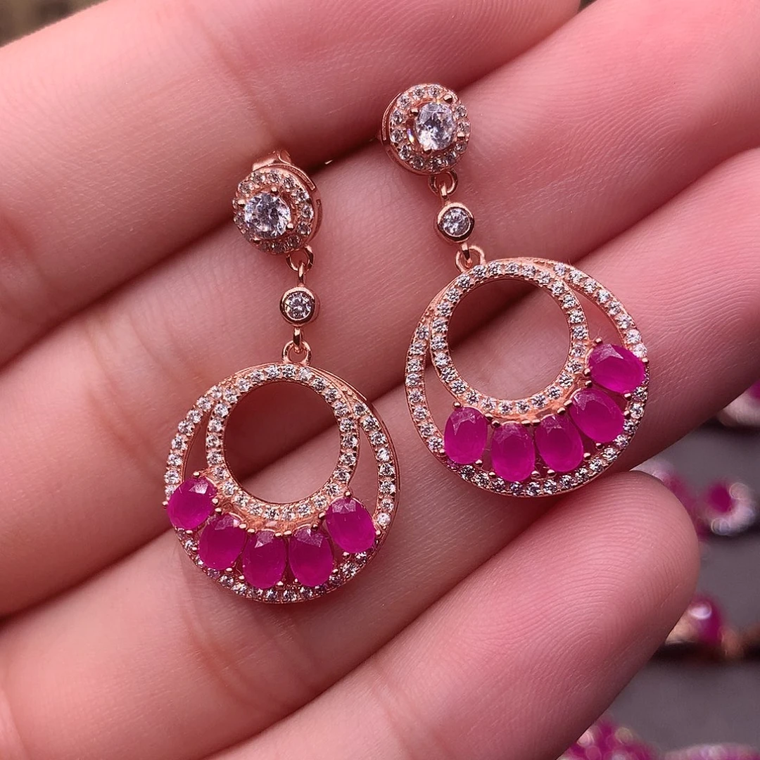 红宝石耳饰银S925镶嵌