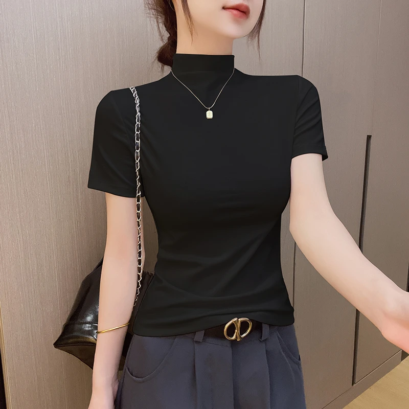 莱赛尔半高领短袖t恤女2025新款夏季冰丝打底体恤黑色半袖上衣