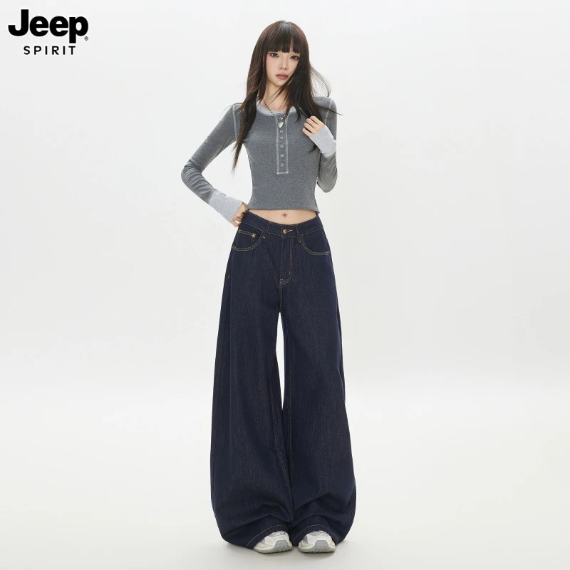 Jeep吉普美式复古丹宁深蓝阔腿牛仔裤女新款宽松休闲直筒阔腿裤子