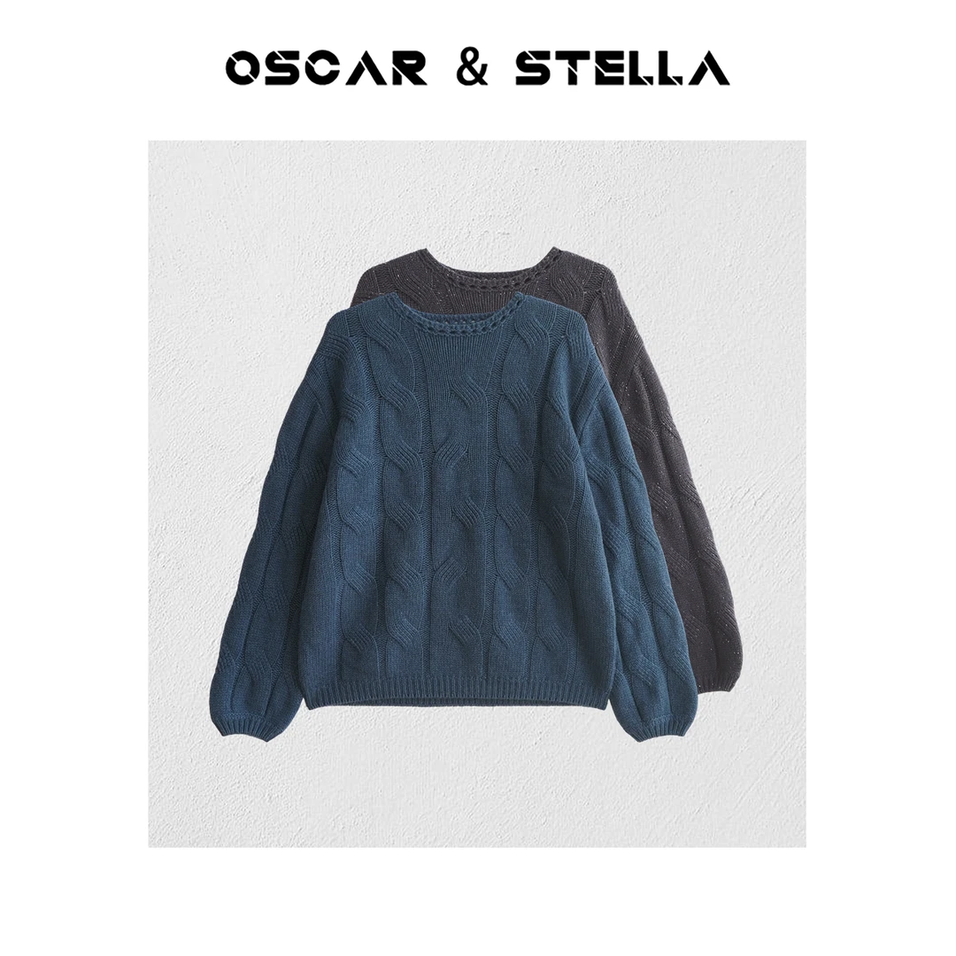 OSCAR&STELLA【蓝枝】百搭休闲随性针织复古圆领毛衣34-28729