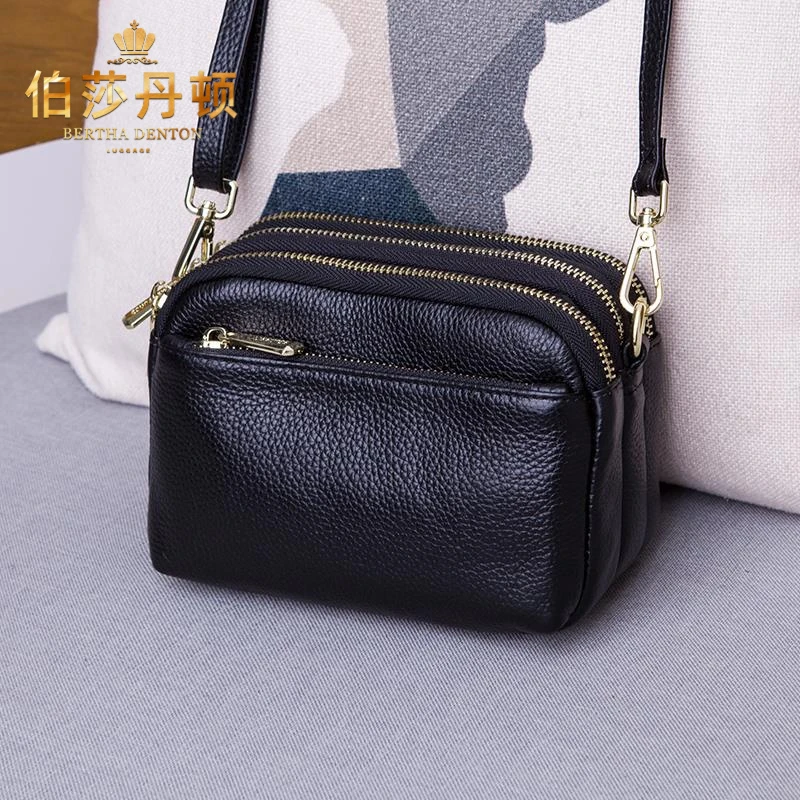 伯莎丹顿斜挎小包包女百搭新款真皮黑色通勤小方包休闲单肩妈妈包