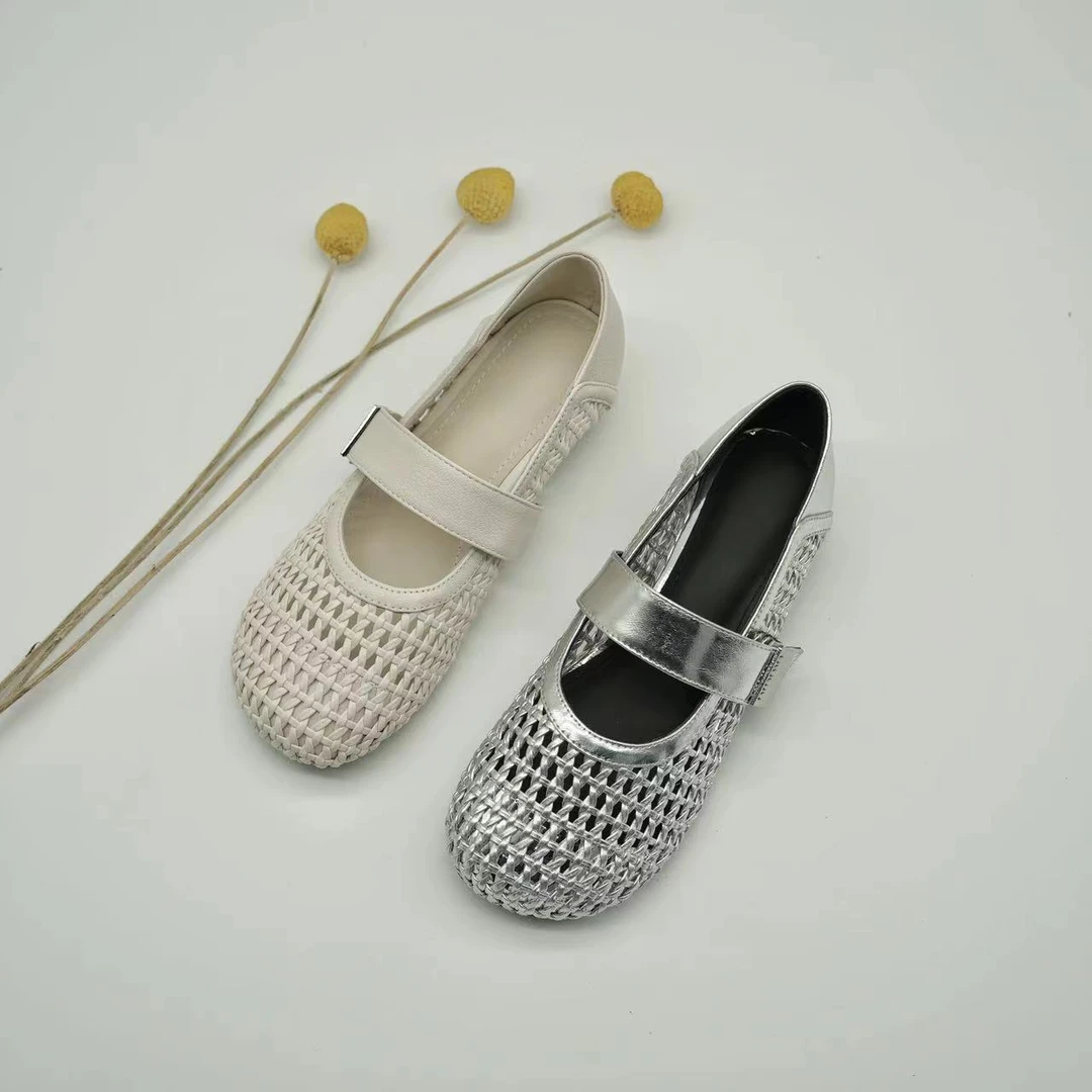 【Dhh】内增高3.5cm•编织+牛皮•法式镂空洞洞鞋圆头一字带罗马凉鞋