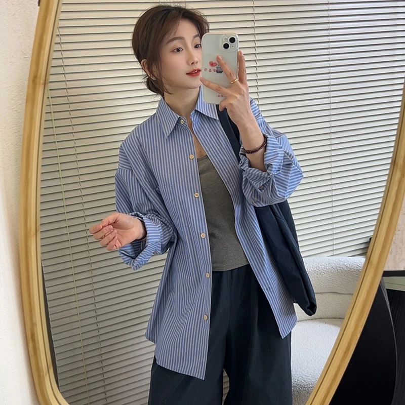 春款日系复古条纹衬衫女长袖休闲宽松设计感衬衣百搭显瘦开衫上衣