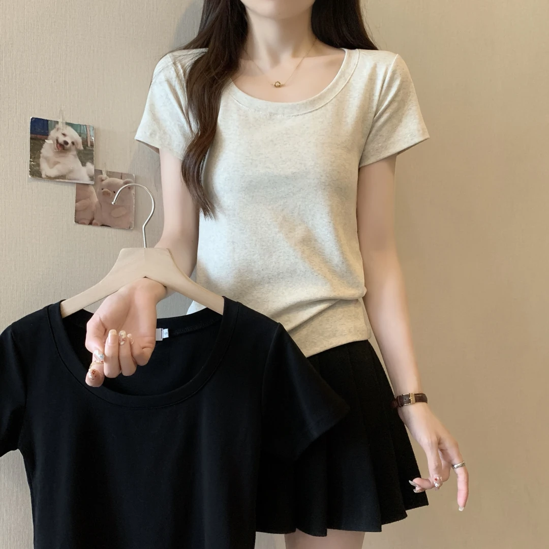 3978大码女装圆领正肩短袖t恤女小众设计感打底衫修身上衣5331
