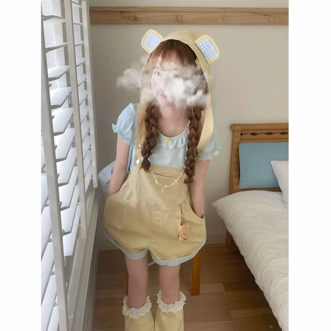 【小熊抱抱】 蓝色短袖+黄色背带裤套装可爱学院风