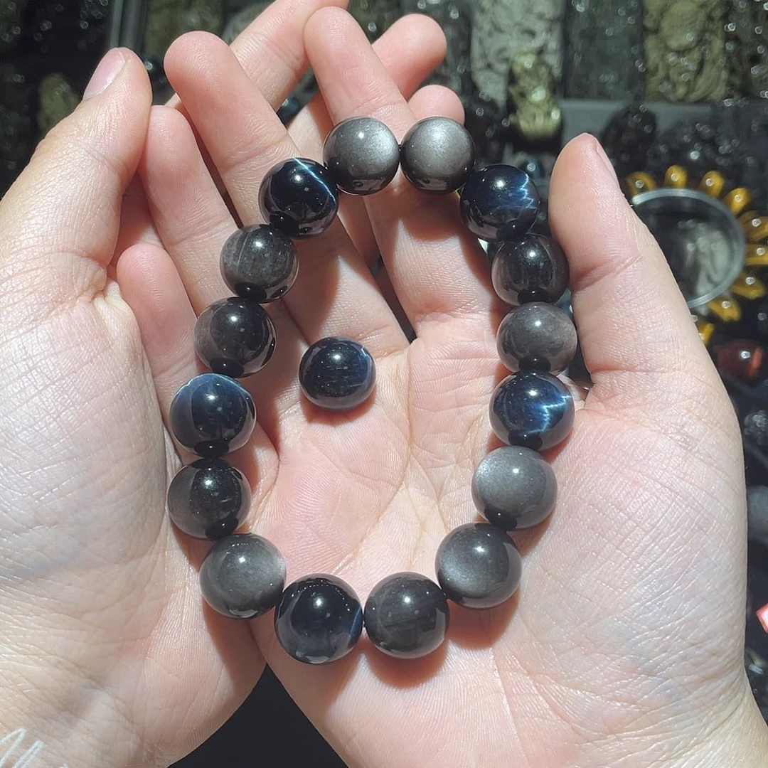 木变石手链未镶嵌慕*蓝虎眼搭配银曜石14混搭