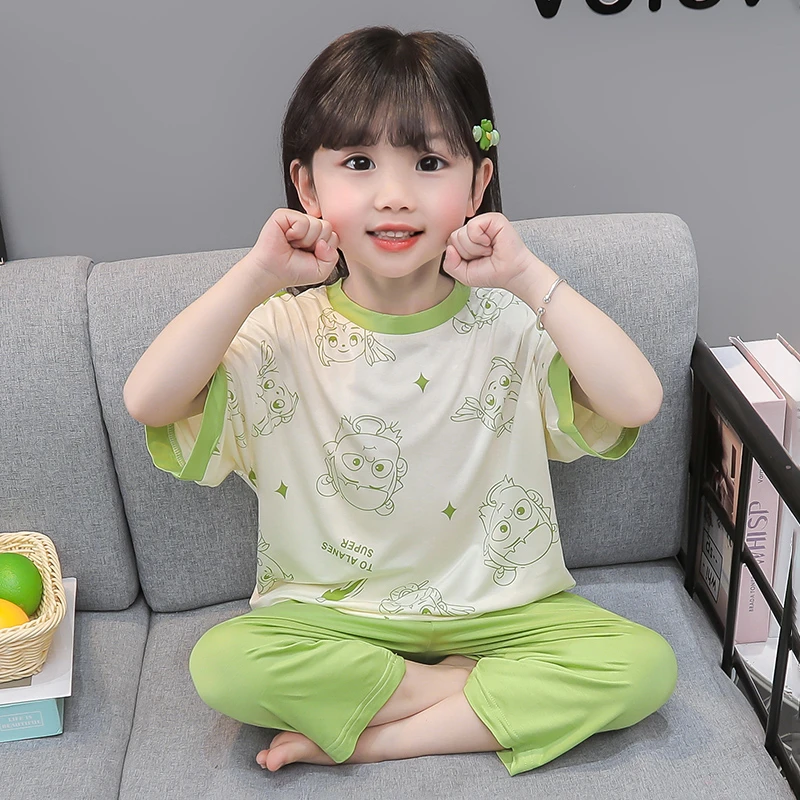 儿童莫代尔睡衣夏季薄款女孩宝宝空调服儿童卡通休闲家居服套装夏