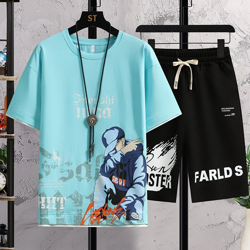 初高中学生冰丝短袖t恤男青少年夏装帅气大童短裤休闲运动套装